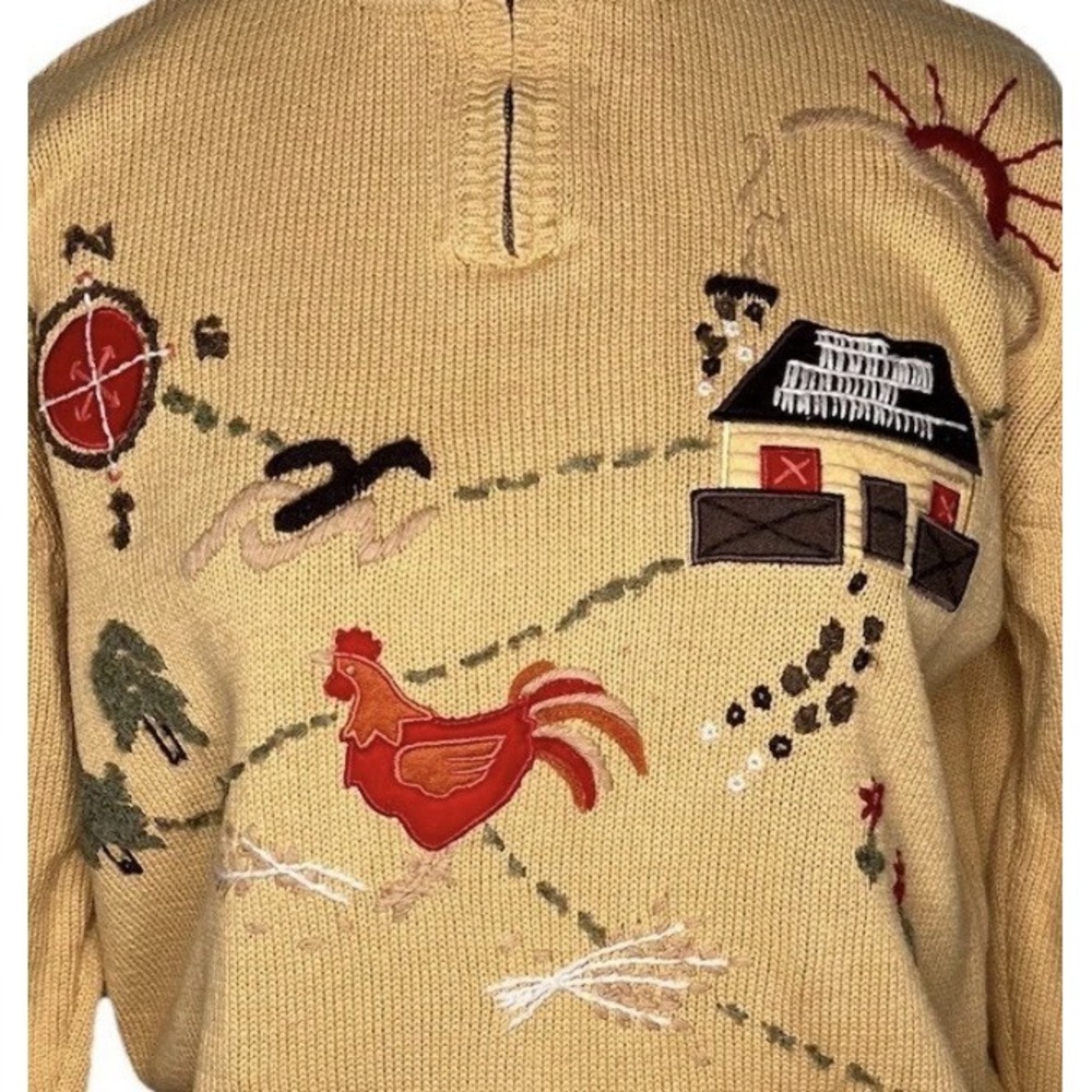 Vtg Embroidered 90s Yellow Sweater Chicken Country 1/4 Zip Grandmacore Knit M